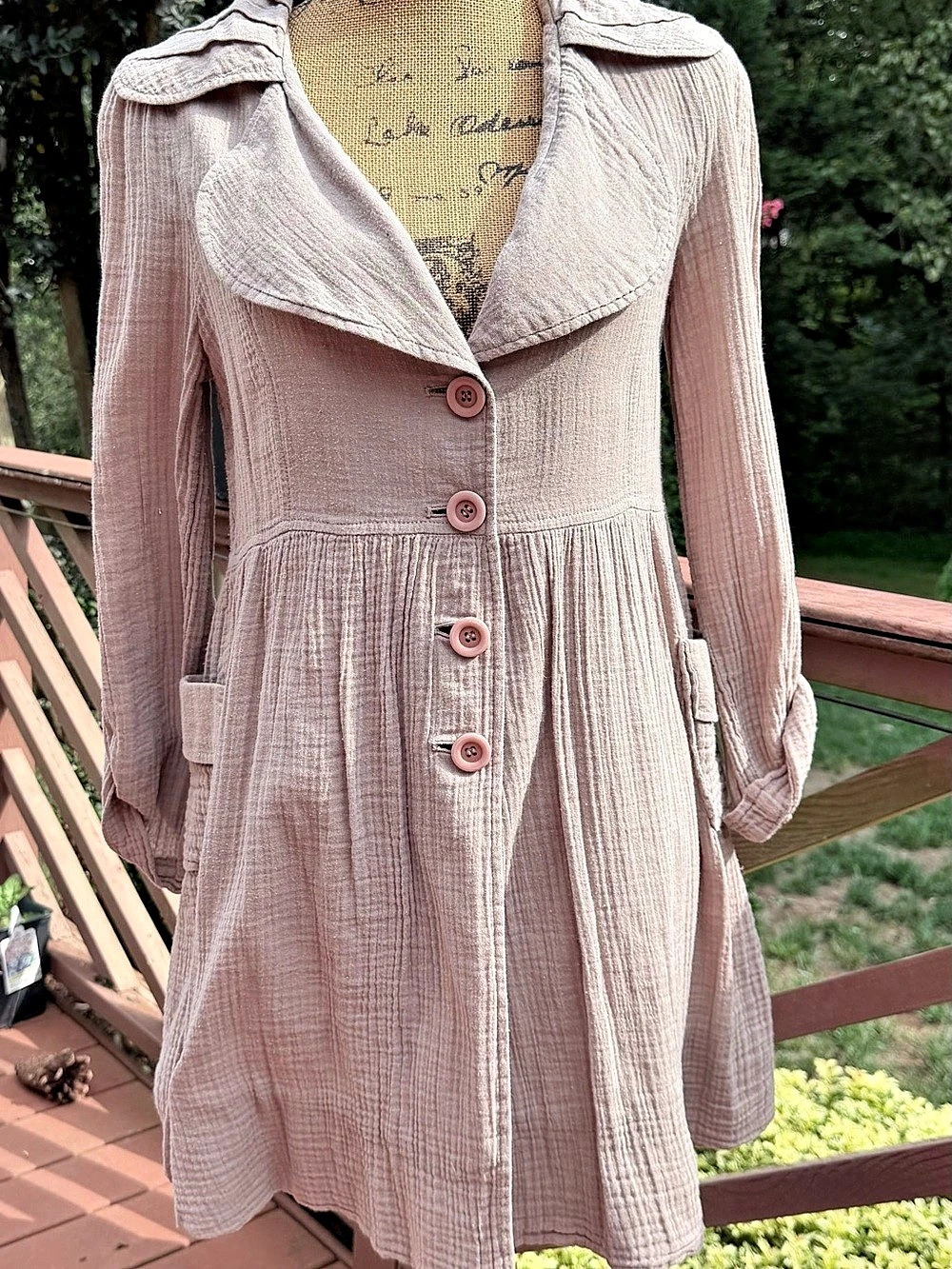 Vintage Vibe F21 Heritage Pink Crinkle Cotton Gauze Trench Swing Jacket Large